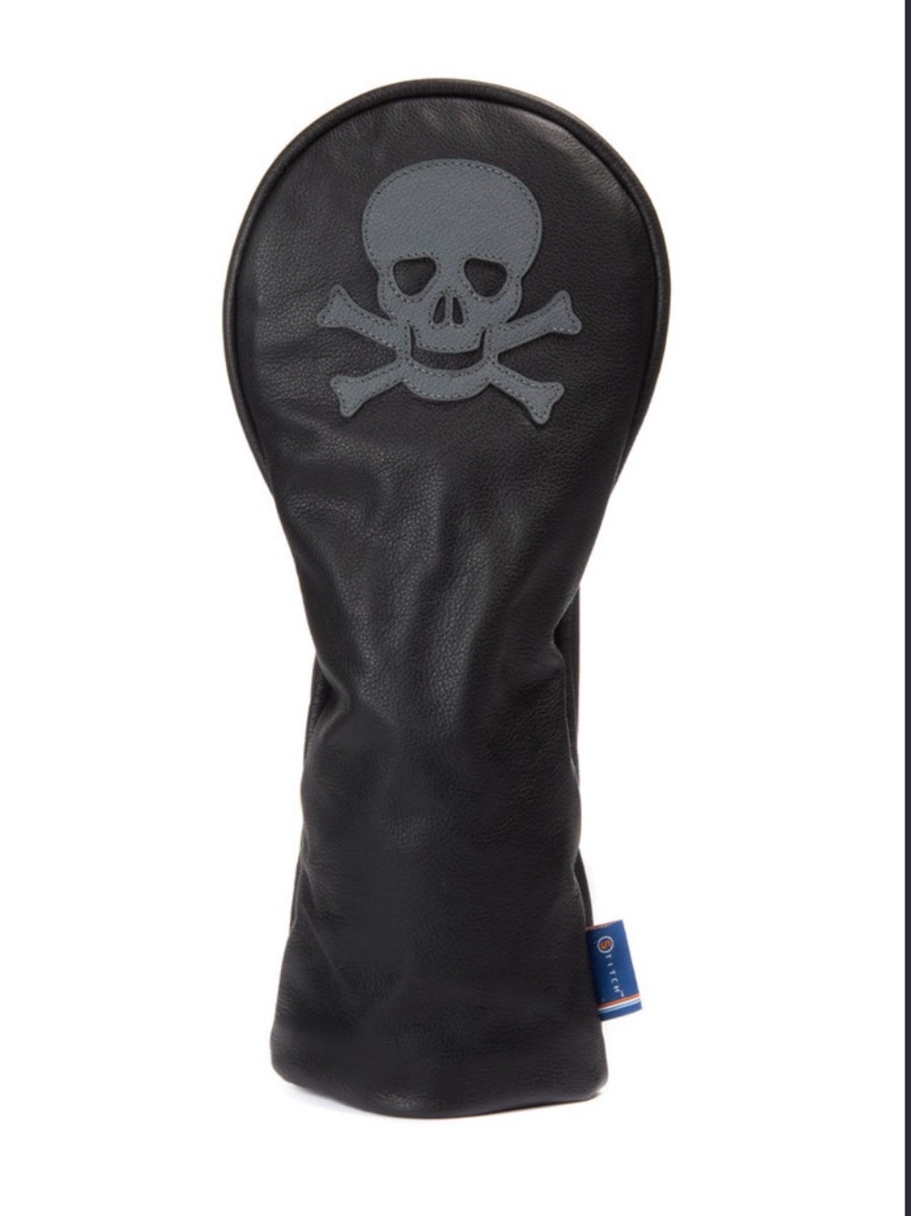 Black Leather Stitch Golf Head Cover with Gray Skull Accent